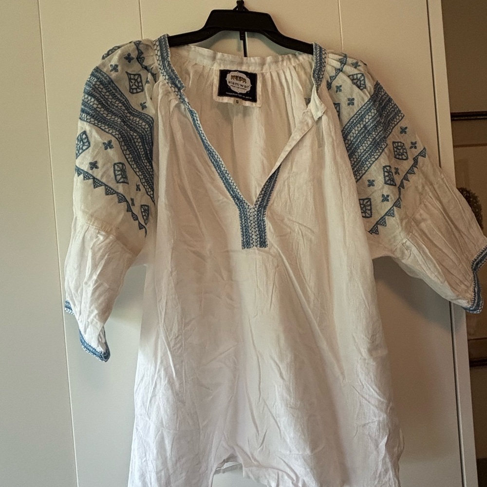 Sundance White Blouse with Blue Embroidery